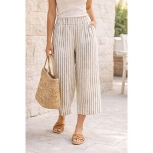 Apt 9 Linen Blend Striped Cropped Pants Womens Medium Pull On Wide Leg Neutral